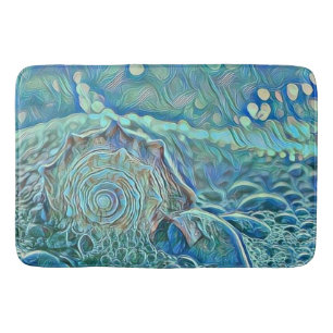 Blue seashell in the foaming sea painting bath mat