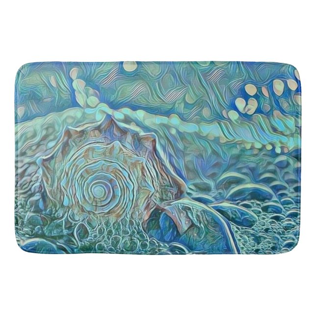 Blue seashell in the foaming sea painting  bath mat (Front)