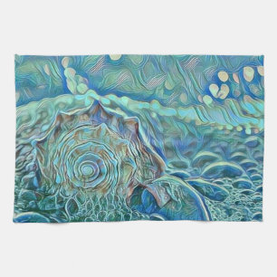 Blue seashell in the foaming sea painting  kitchen towel