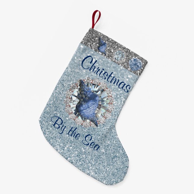 Blue Seashell Jewel Aquamarine Silver FauxGlitter Small Christmas Stocking (Front (Hanging))