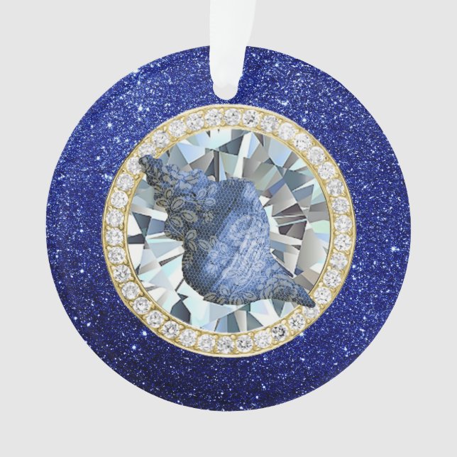 Blue Seashell Jewel Blue Faux Glitter Ornament (Front)