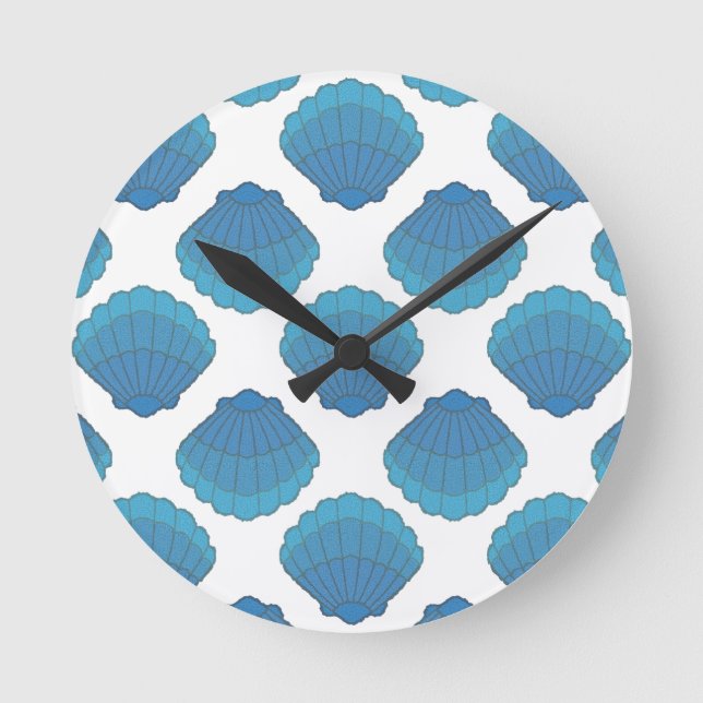 Blue Seashell Mosaic Pattern Round Clock (Front)