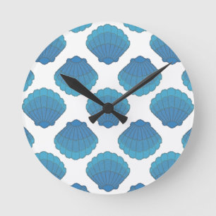 Blue Seashell Mosaic Pattern Round Clock
