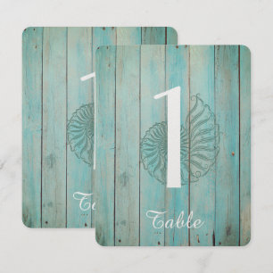 Blue Seashell on Wood Beach Wedding Table Number