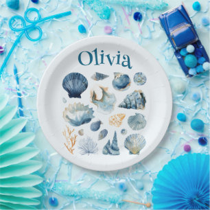 Blue Seashell Paper Plates   Custom Name