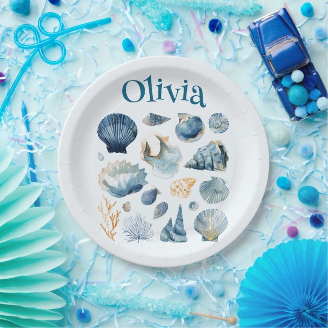 Blue Seashell Paper Plates | Custom Name (Party)