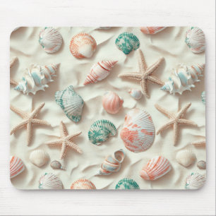 Blue Seashell Peach Coral Beach Cottage Mouse Pad
