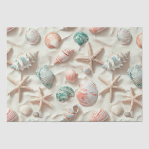 Blue Seashell Peach Coral Beach Cottage Tissue Paper