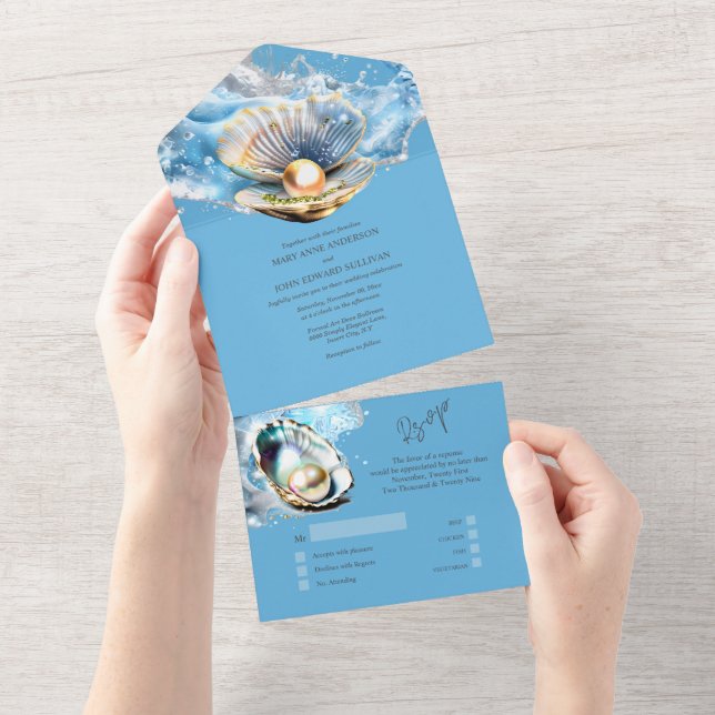 Blue seashell pearl oyster shell beach chic all in one invitation (Tearaway)