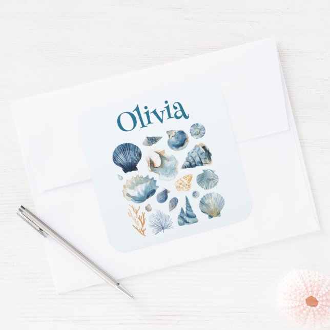 Blue Seashell Sticker | Custom Name (Envelope)
