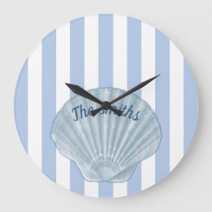Blue Seashell & Stripes Large Clock