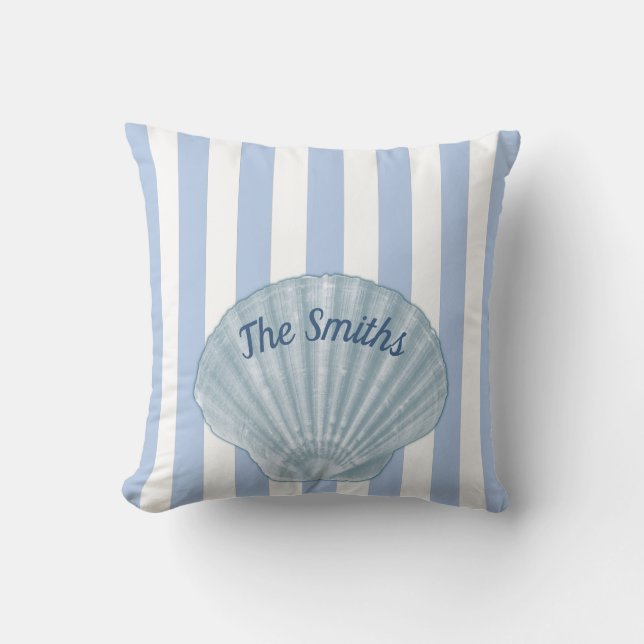 Blue Seashell &  Stripes Throw Pillow (Front)