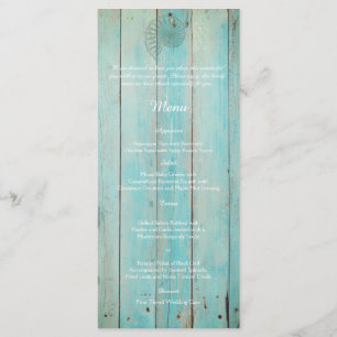 Blue Seashell sur Wood Beach Menu de mariage