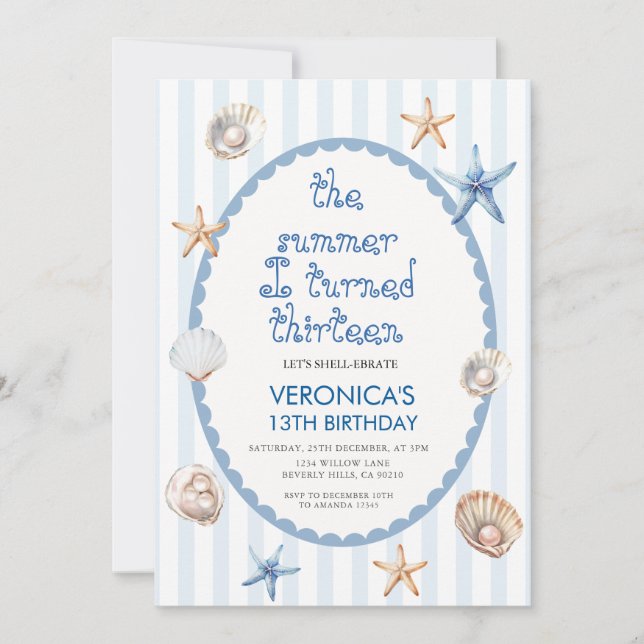 Blue Seashell The Summer I Turned Thirteen bday Invitation (Front)