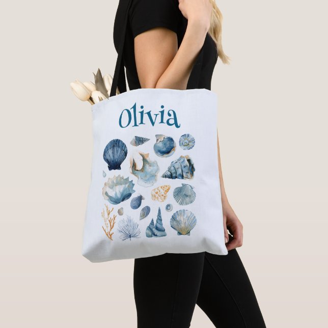 Blue Seashell Tote Bag – Custom Name (De près)