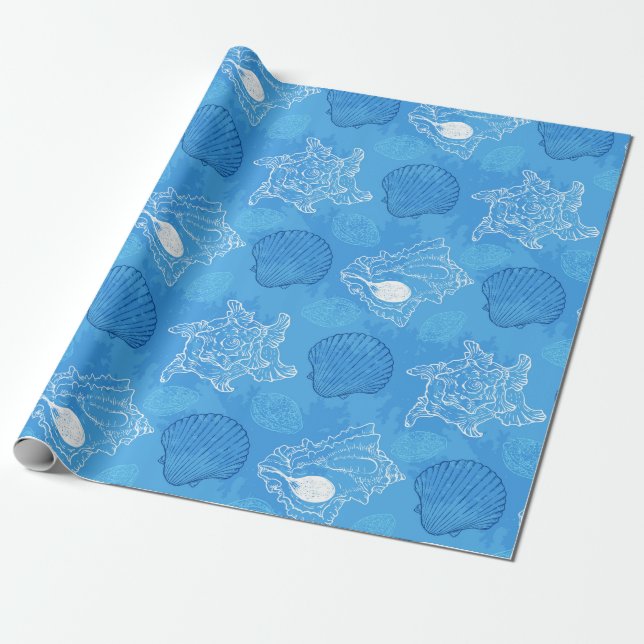 Blue Seashell Underwater Wrapping Paper (Unrolled)