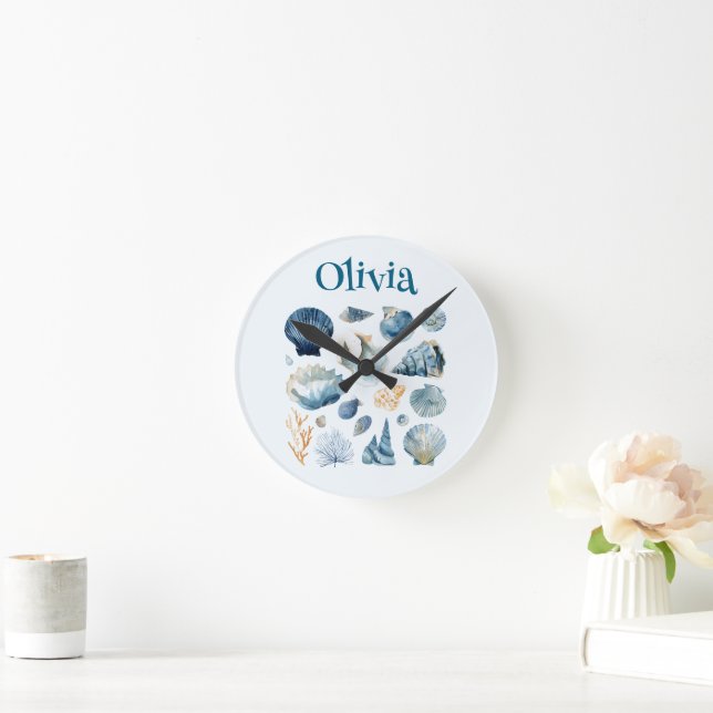 Blue Seashell Wall Clock | Custom Name (Home)