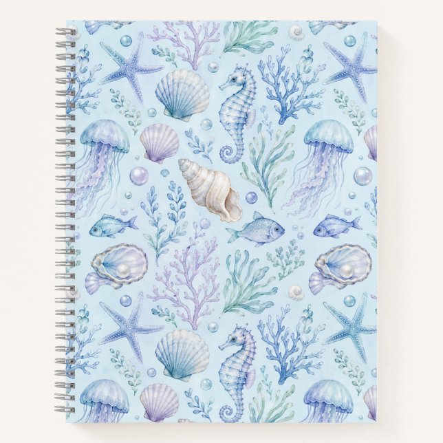 Blue Seashell Watercolor Coastal Pattern Notebook (Front)