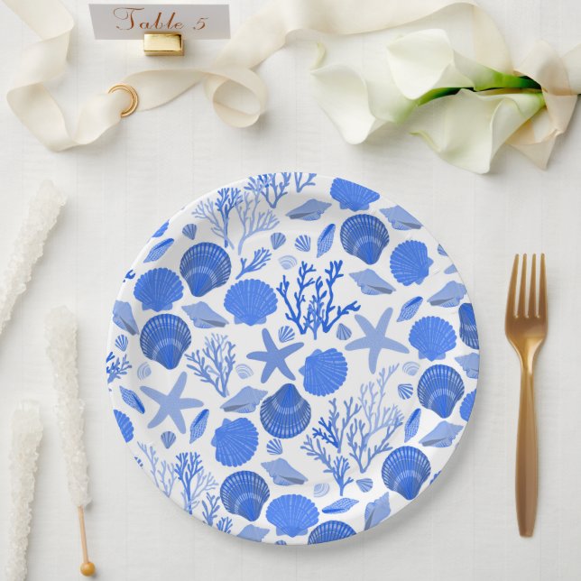 Blue Seashells and Coral Pattern Beach Paper Plate (Wedding)