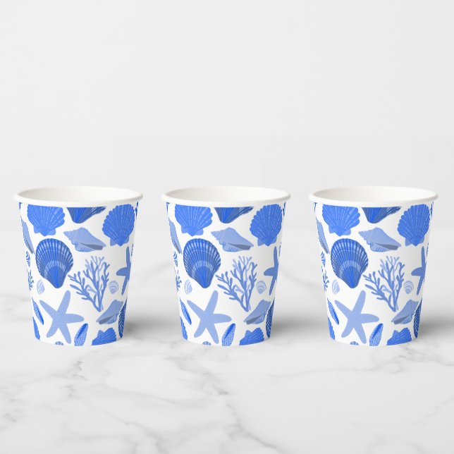 Blue Seashells and Coral Pattern Custom Beach Paper Cups (Multi)