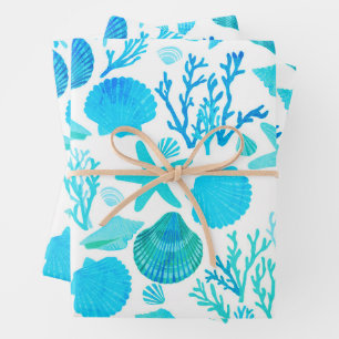 Blue Seashells and Coral Pattern Seaside Gift  Wrapping Paper Sheet