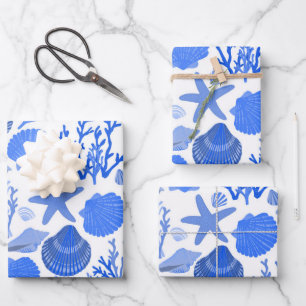 Blue Seashells and Coral Pattern Seaside Gift Wrapping Paper Sheet