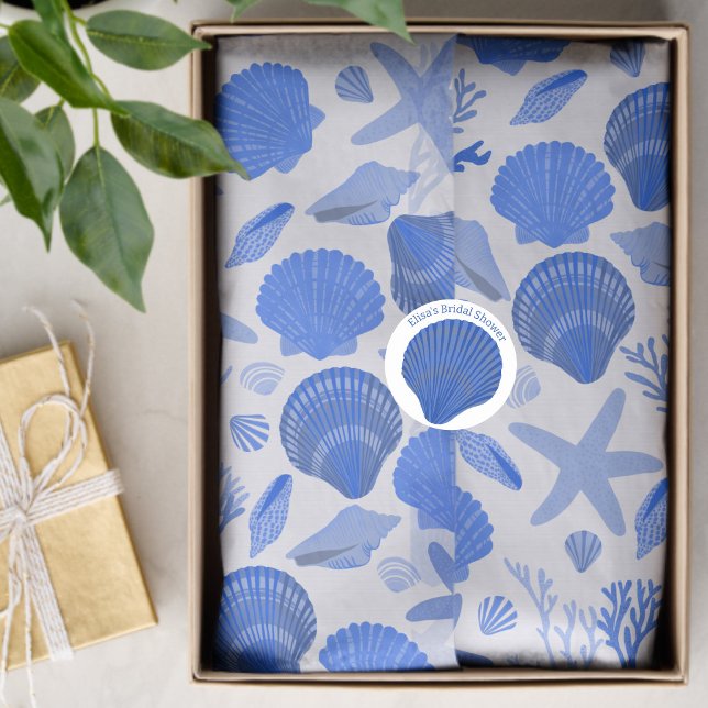 Blue Seashells and Coral Pattern White Tissue Paper (Blue Seashells and Coral Pattern Hand Drawn Blue White Preppy Chic Beach Tissue Paper
)