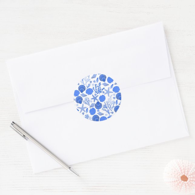 Blue Seashells Beach Colourful Cute Custom  Classic Round Sticker (Envelope)