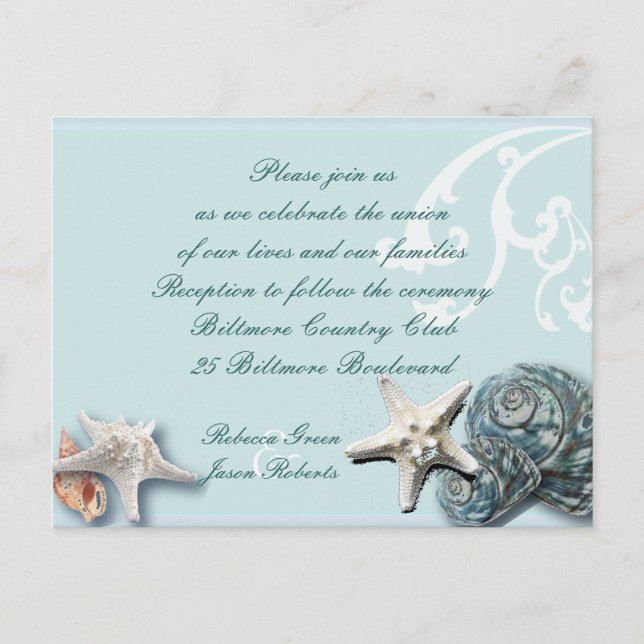 Blue Seashells Beach wedding Reception cards (Front)