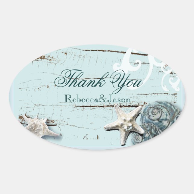 BLue Seashells Beach Wedding thank you Oval Sticker (Front)