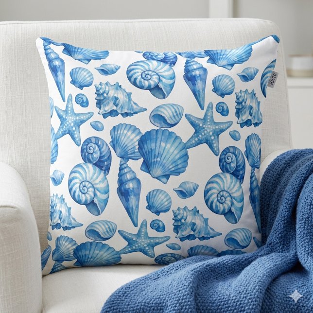 Blue Seashells. Nautical. Throw Pillow (Creator Uploaded)