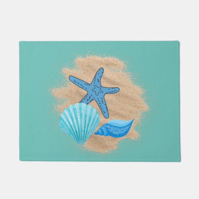 Blue Seashells on Sand Green Background Doormat (Front)