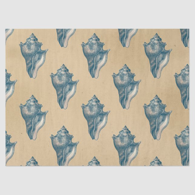 Blue Seashells on Tan Decoupage Tissue Paper (Front)