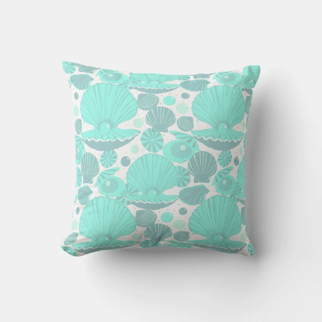 Blue Seashells Oyster Shells and Pearls Pattern Throw Pillow (Front)