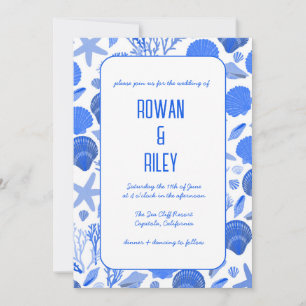 Blue Seashells Pattern Chic Beach Wedding Party Invitation