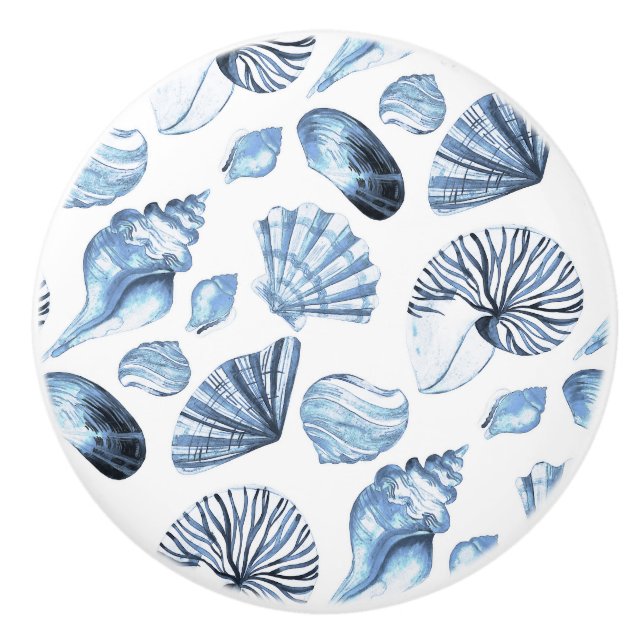Blue Seashells Pattern on White Beach House Ceramic Knob (Front)