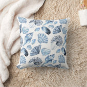 Blue Seashells Pattern on White Beach House Throw Pillow (Blanket)