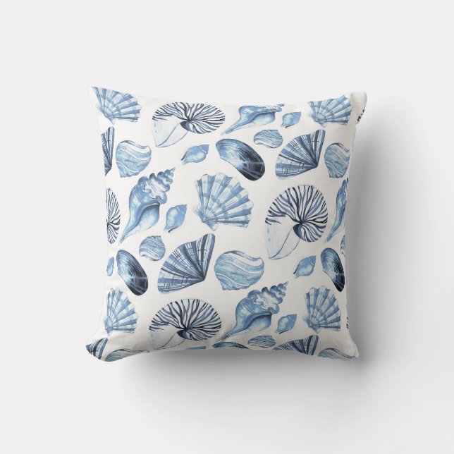 Blue Seashells Pattern on White Beach House Throw Pillow (Front)