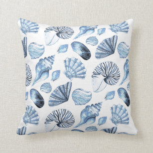 Blue Seashells Pattern on White Beach House Throw Pillow