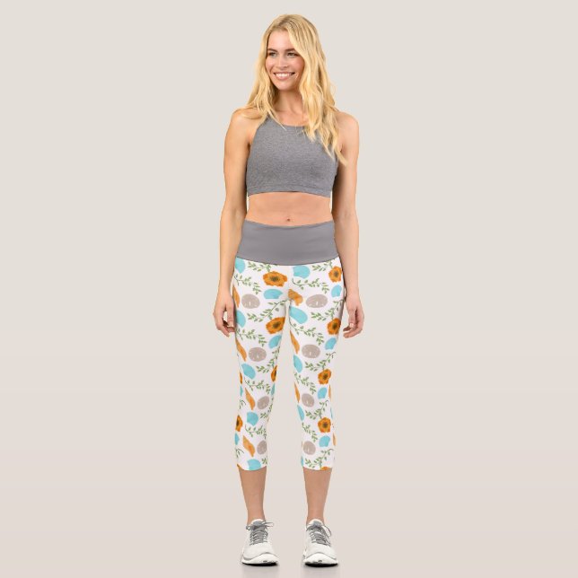 Blue Seashells Sea Snail Orange Flower Capri Leggings (Front)