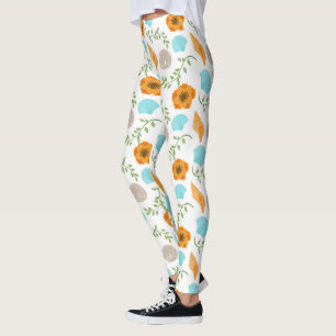 Blue Seashells Sea Snail Orange Flower Leggings