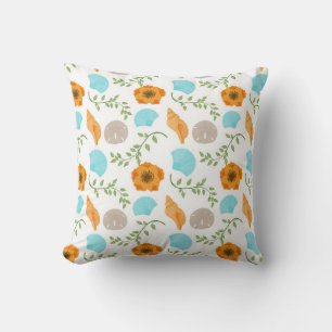 Blue Seashells Sea Snail Orange Flower Throw Pillow