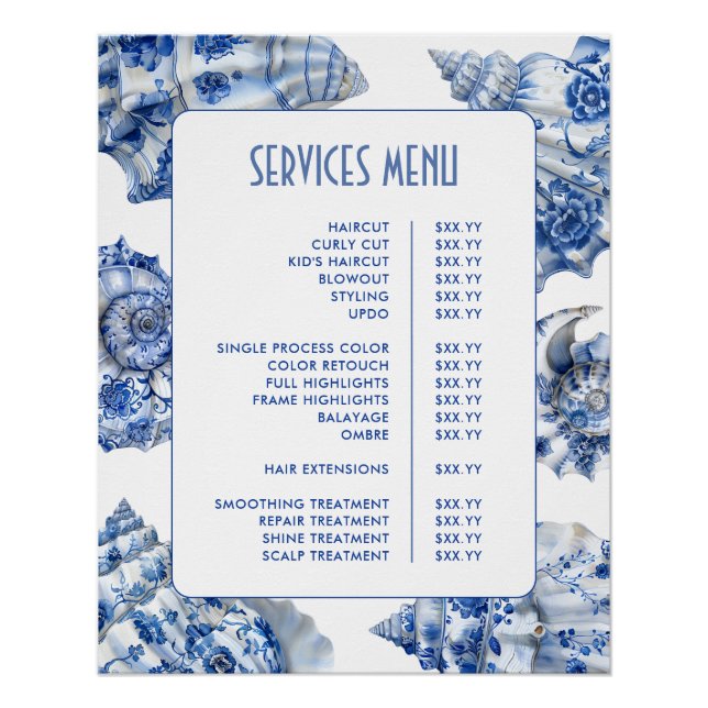 Blue Seashells Services Menu Poster (Front)