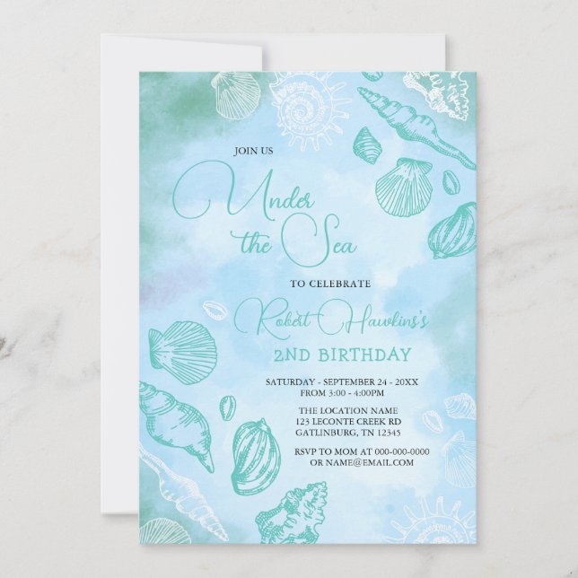 Blue Seashells Under The Sea Ocean Birthday Invitation (Front)