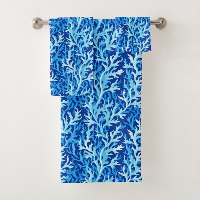 Blue Seaweed Coastal Textile Pattern Bath Towel Set (Insitu)