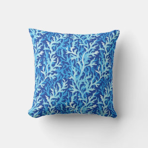 Blue Seaweed Coastal Textile Pattern Outdoor Pillow