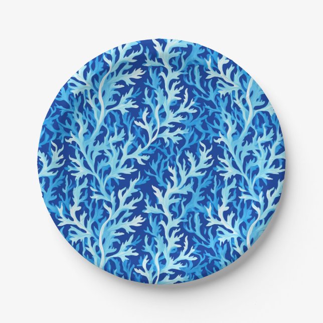 Blue Seaweed Coastal Textile Pattern Paper Plate (Front)