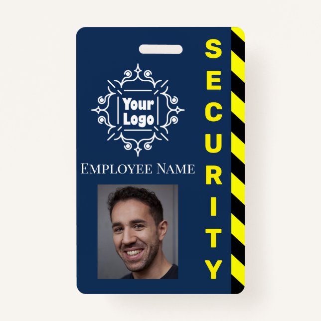 Blue Security Guard Employee ID Caution Yellow Badge (Front)