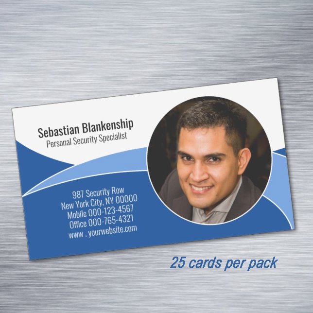 Blue Security Professional Custom Photo QR Code Magnetic Business Card (Blue abstract custom photo professional business card magnet.)