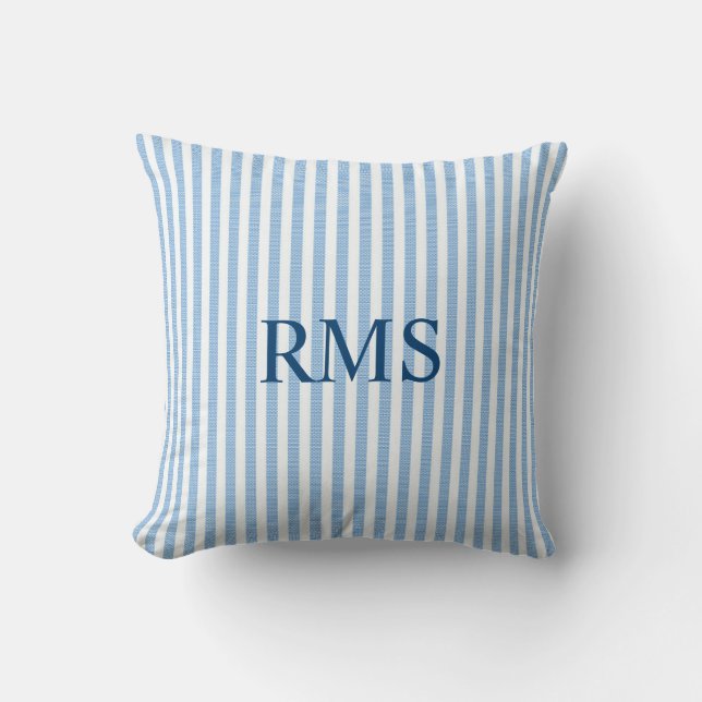 BLUE SEERSUCKER Stripe Pattern, Optional Monogram Throw Pillow (Front)